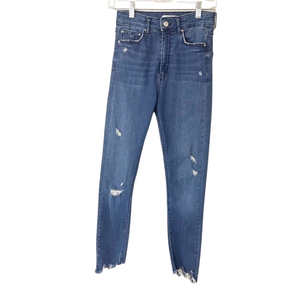 Zara Woman Premium Denim High Rise Skinny Distressed Frayed Hem Jeans Blue Sz 4